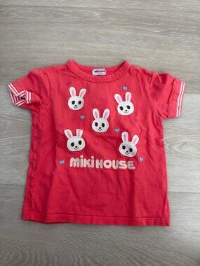 Miki House Girls Coral Pink Bunny Tee 100 (US 3T-4T) Embroidered Made in Japan